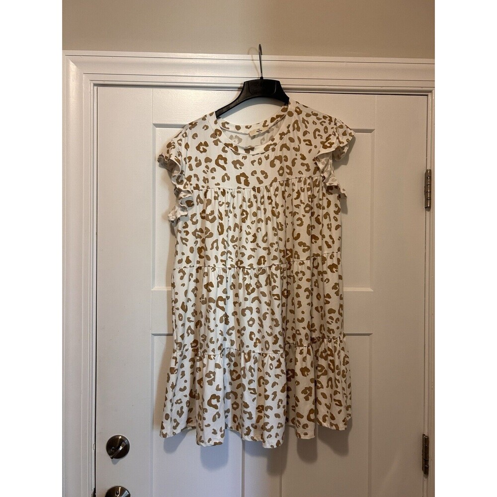 Entro Women's Tiered Babydoll Leopard Dress Size Medium Beige Brown Made in USA